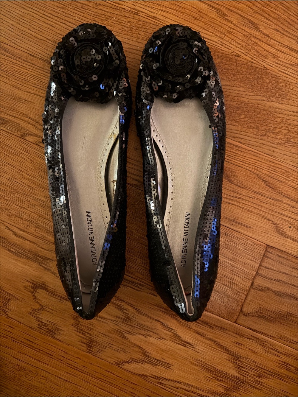 Adrienne Vittadini Black Sequin Floral Applique Flats